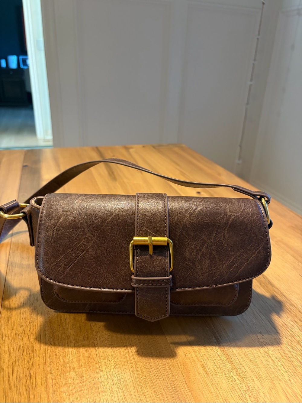 Edikted Dark Brown Leather Crossbody with Gold Buckle